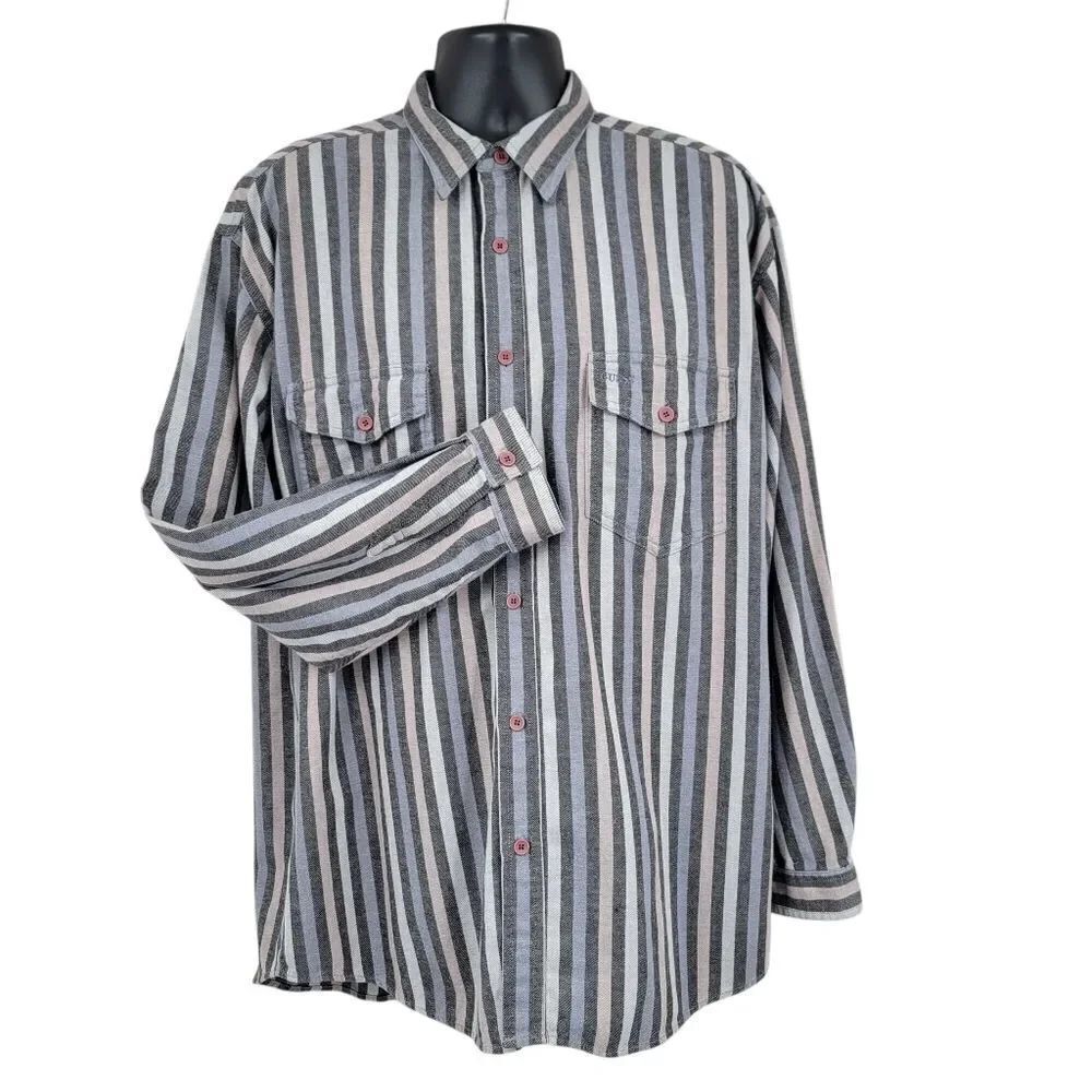 Guess Vintage 90s Men's Gray Striped Butyon Up Shirt Western Grunge Neutral